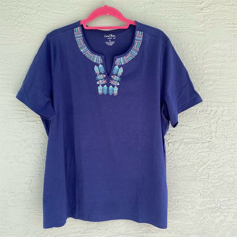 Coral Bay Women's 1X Blue Embroidered V-Neck Short Sleeve Blouse